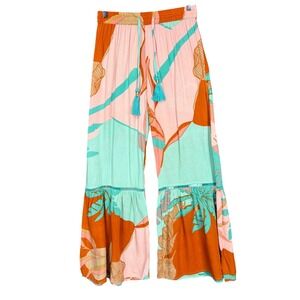 True Destinations Pants Womens Small Teal Pink Tropical Floral Wide Leg Resort
